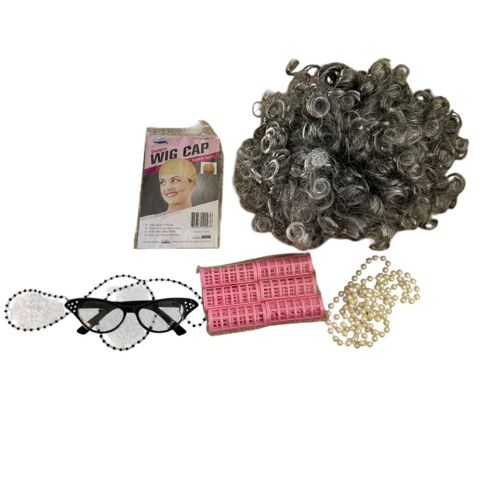 NWOT Granny Halloween Costume Accessories Wig & Cap Glasses‎ Faux Pearls Curlers